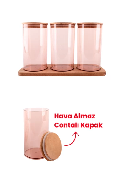 Ahşap Kapaklı 3'lü Standlı ve Vakumlu Çay, Kahve, Şeker, Bakliyat Kavanoz Seti Mika 1 lt Pembe - 5