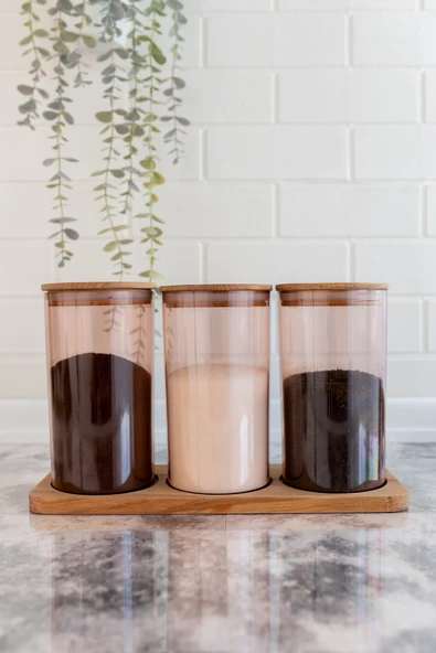 Ahşap Kapaklı 3'lü Standlı ve Vakumlu Çay, Kahve, Şeker, Bakliyat Kavanoz Seti Mika 1 lt Pembe - 2