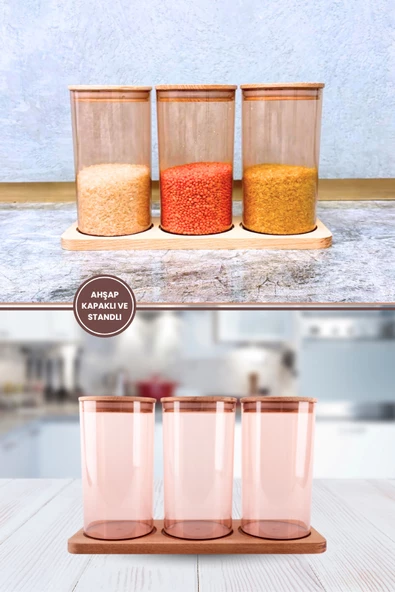Ahşap Kapaklı 3'lü Standlı ve Vakumlu Çay, Kahve, Şeker, Bakliyat Kavanoz Seti Mika 1 lt Pembe - 3