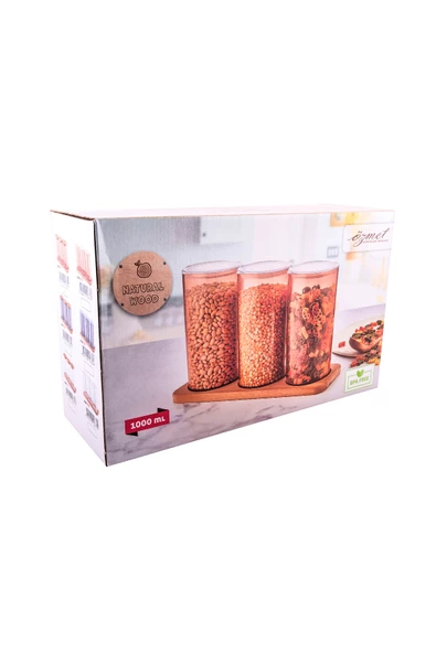 Ahşap Kapaklı 3'lü Standlı ve Vakumlu Çay, Kahve, Şeker, Bakliyat Kavanoz Seti Mika 1 lt Pembe - 8