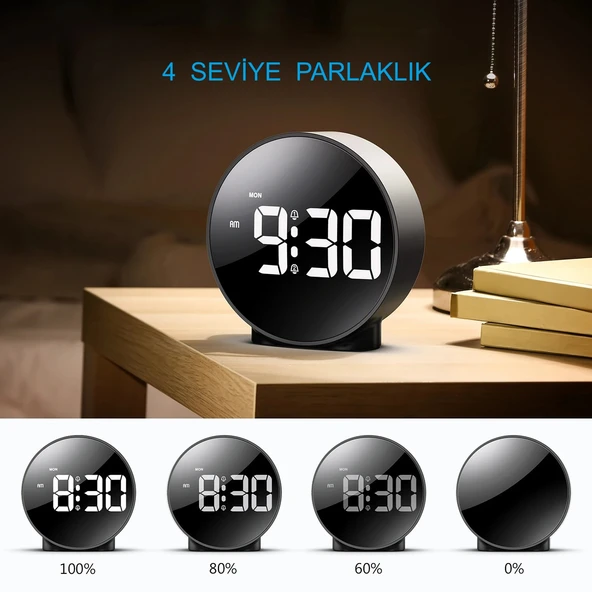 HyMark Yuvarlak Siyah Dijital LED Masa Saati USB Güç Saat Erteleme Modern Saat - 3