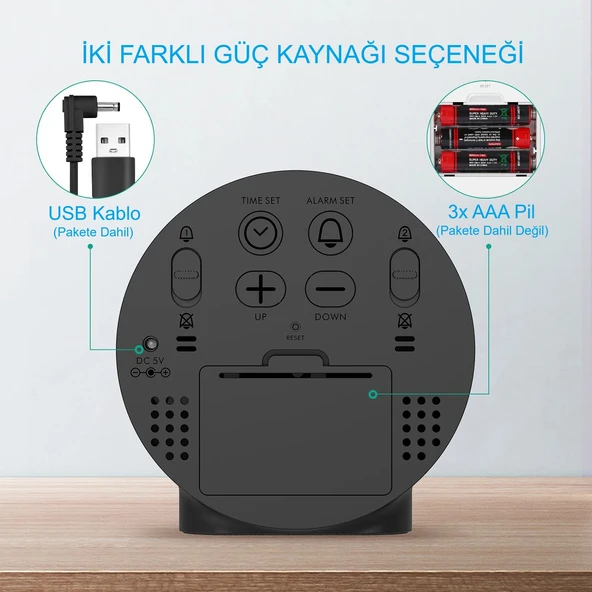 HyMark Yuvarlak Siyah Dijital LED Masa Saati USB Güç Saat Erteleme Modern Saat - 7