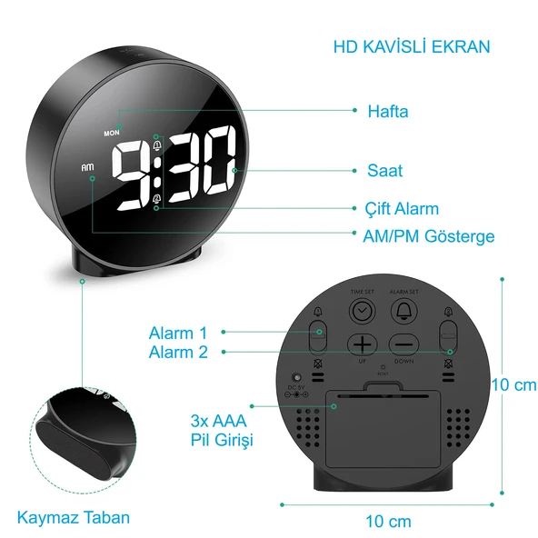 HyMark Yuvarlak Siyah Dijital LED Masa Saati USB Güç Saat Erteleme Modern Saat - 6