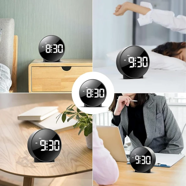 HyMark Yuvarlak Siyah Dijital LED Masa Saati USB Güç Saat Erteleme Modern Saat - 8