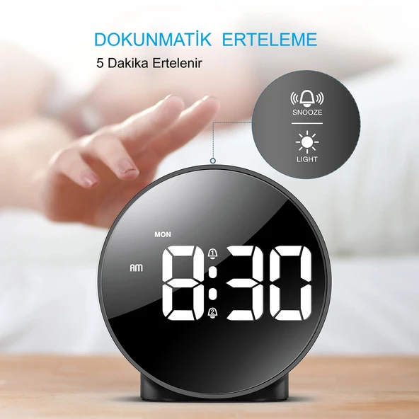 HyMark Yuvarlak Siyah Dijital LED Masa Saati USB Güç Saat Erteleme Modern Saat - 4