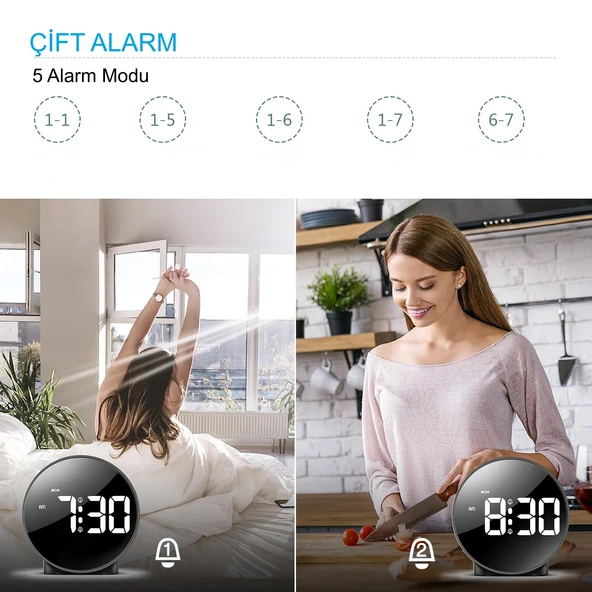 HyMark Yuvarlak Siyah Dijital LED Masa Saati USB Güç Saat Erteleme Modern Saat - 5