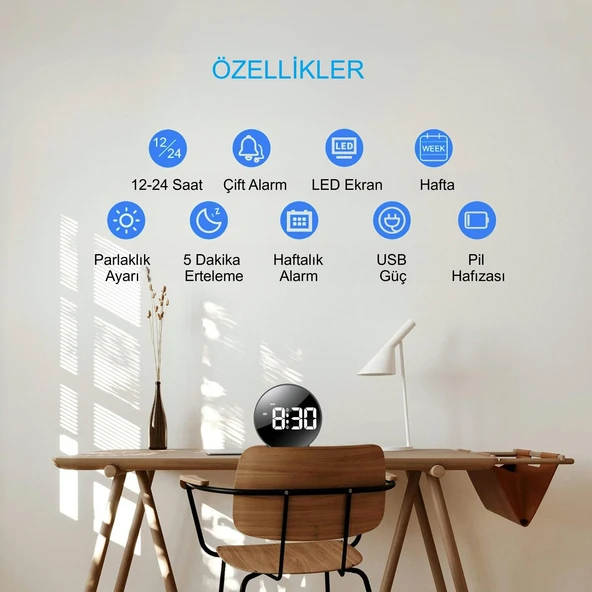 HyMark Yuvarlak Siyah Dijital LED Masa Saati USB Güç Saat Erteleme Modern Saat - 2