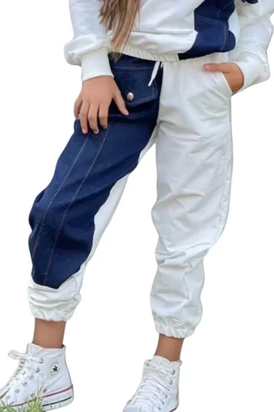 Kız Çocuk Kot Detaylı Cepli Aplike Beyaz Eşofman Takım - Resim 3