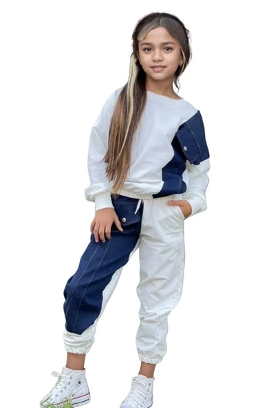 Kız Çocuk Kot Detaylı Cepli Aplike Beyaz Eşofman Takım ürün görseli