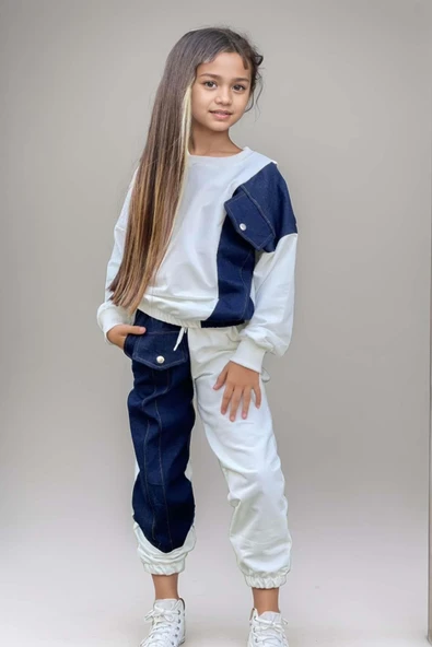 Kız Çocuk Kot Detaylı Cepli Aplike Beyaz Eşofman Takım - Resim 5