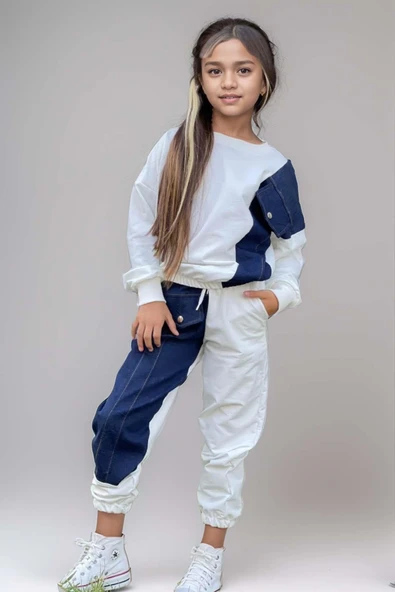 Kız Çocuk Kot Detaylı Cepli Aplike Beyaz Eşofman Takım - Resim 4