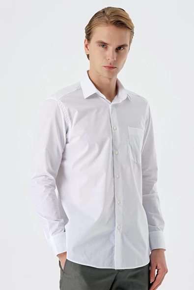 Beyaz Uzun Kol Filafil Desen Filafil Sert Yaka Cepli Pamuklu Basic Comfort Fit Gömlek 1004245002