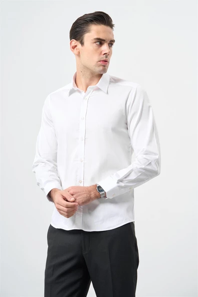 Beyaz Uzun Kol Düz Bez Ayağı 032 Sert Yaka Classic Slim Fit Gömlek 1004245324