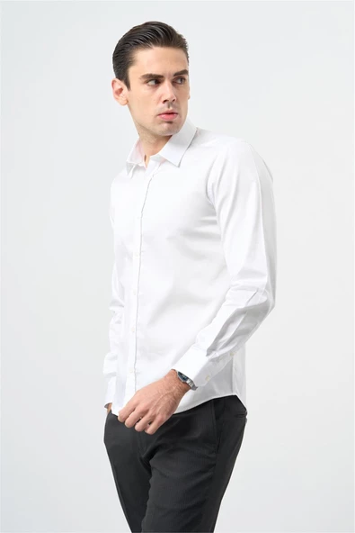 Beyaz Uzun Kol Düz Bez Ayağı 032 Sert Yaka Classic Slim Fit Gömlek 1004245324 - Resim 3