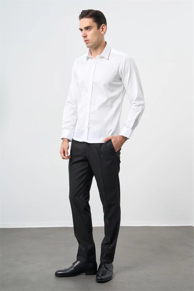 Beyaz Uzun Kol Düz Bez Ayağı 032 Sert Yaka Classic Slim Fit Gömlek 1004245324 - Resim 2