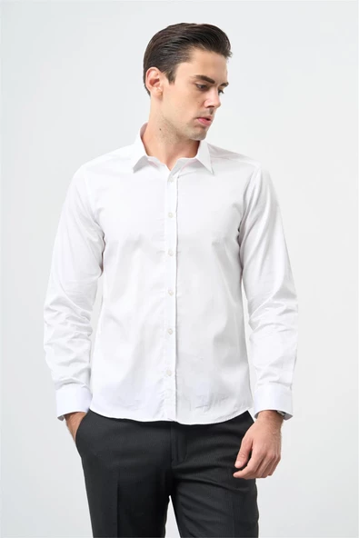 Beyaz Uzun Kol Düz Bez Ayağı 032 Sert Yaka Classic Slim Fit Gömlek 1004245324 - Resim 4