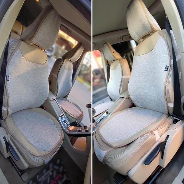 Bod Keten Terletmez Oto Koltuk Minderi Seti Koltuk Koruma Kılıfı Yalı Serisi Ön İki Bej - Resim 2