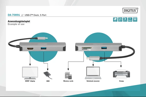 Digitus DA-70891 USB Type-C Docking Station, 5 Port - Type-C to HDMI 2x USB SD microSD - 6