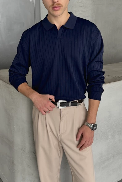 Erkek Polo Yaka Fitilli Oversize Triko Kazak - 9