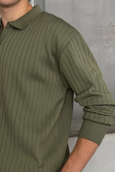 Erkek Polo Yaka Fitilli Oversize Triko Kazak - 3