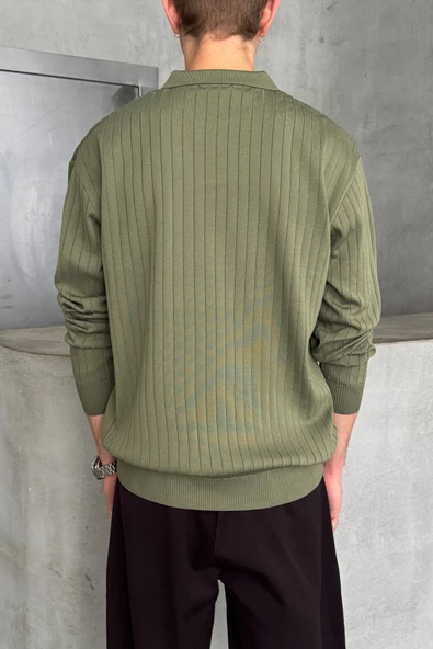 Erkek Polo Yaka Fitilli Oversize Triko Kazak - 4