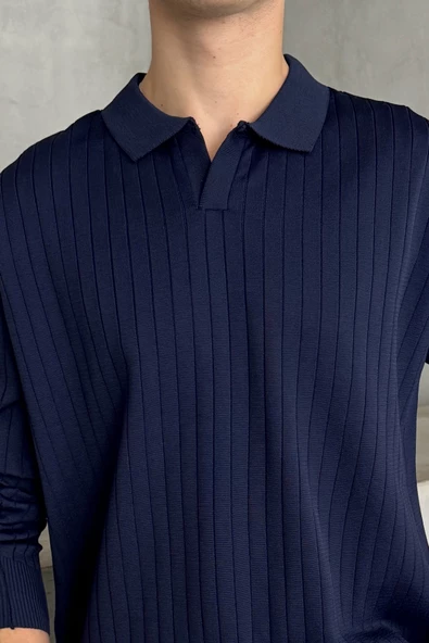 Erkek Polo Yaka Fitilli Oversize Triko Kazak - 11