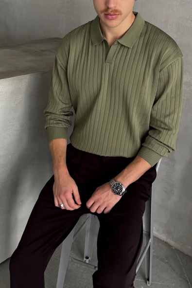 Erkek Polo Yaka Fitilli Oversize Triko Kazak - 2