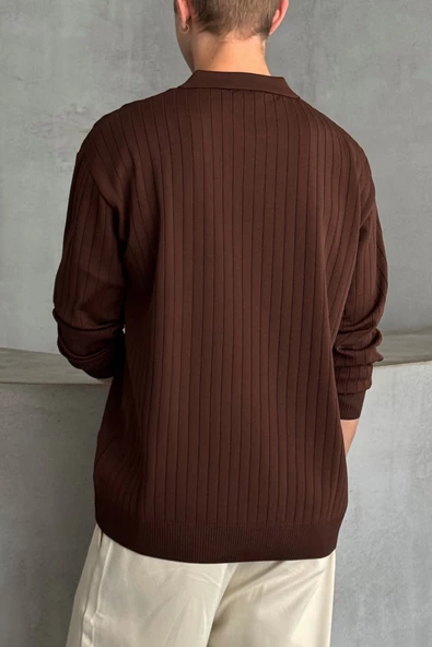 Erkek Polo Yaka Fitilli Oversize Triko Kazak - 11