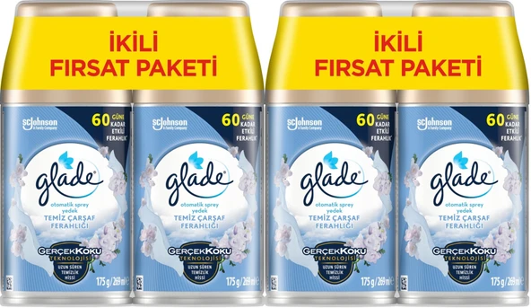 Glade Oda Kokusu Otomatik Sprey Yedek 269ML (4 Lü Set) Temiz Çarşaf Ferahlığı (2PK*2)