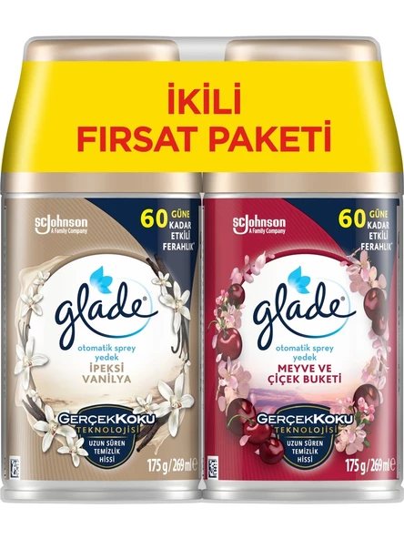 Glade Oda Kokusu Otomatik Sprey Yedek 269ML (2 Li Set) İpeksi Vanilya ve Meyve Çiçek Buketi