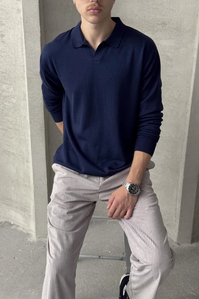 Erkek Pamuklu Polo Yaka Oversize Triko Kazak - 10