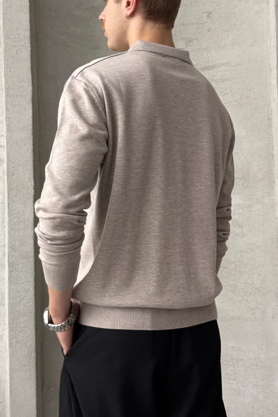 Erkek Pamuklu Polo Yaka Oversize Triko Kazak - 4