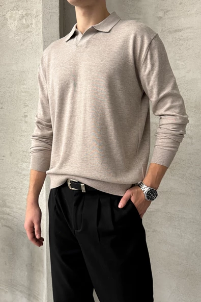 Erkek Pamuklu Polo Yaka Oversize Triko Kazak - 3