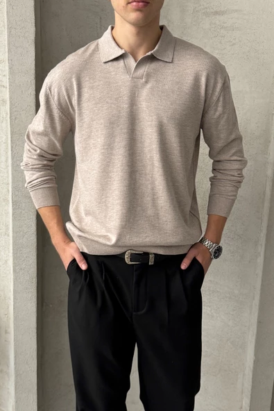 Erkek Pamuklu Polo Yaka Oversize Triko Kazak - 2