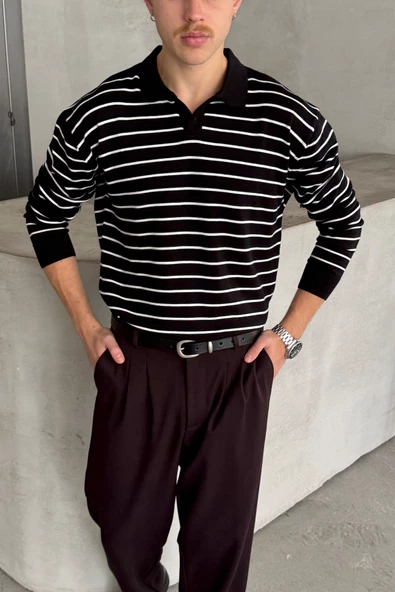 Erkek Pamuklu Polo Yaka Oversize Triko Kazak - 6