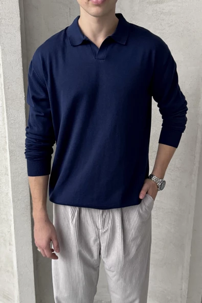 Erkek Pamuklu Polo Yaka Oversize Triko Kazak - 9