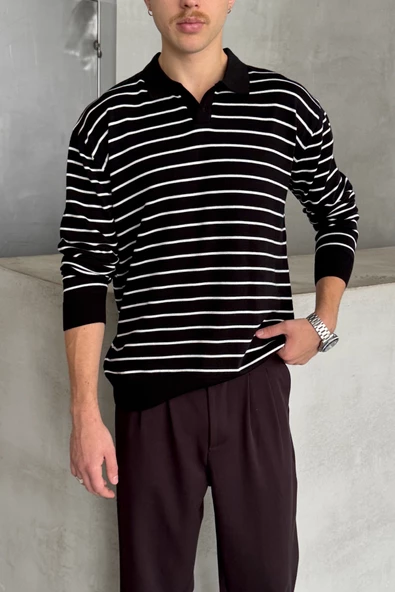 Erkek Pamuklu Polo Yaka Oversize Triko Kazak - 5