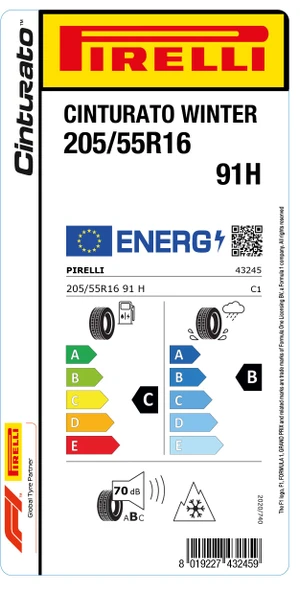 Pirelli 205/55R16 91H WtcintPC01 Cınturato Winter C-B-70 Kış Oto Lastiği (Üretim Yılı: 2024)
