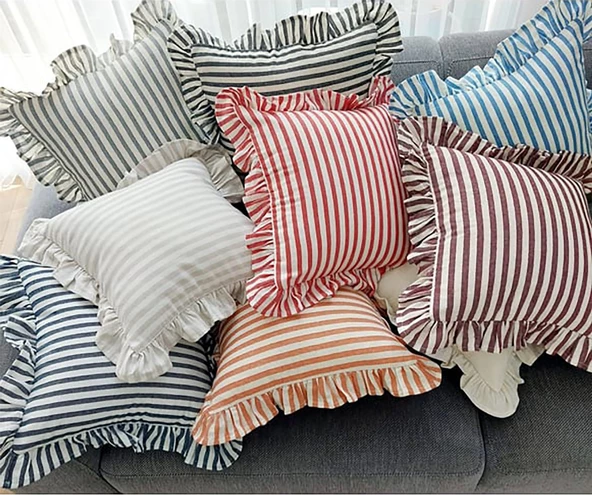 Yıkanmış Keten, Çizgili, Bohem, Fırfırlı, Keten Kırlent Kılıfı ürün görseli