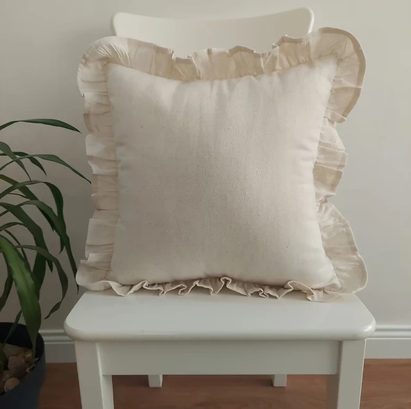 Yıkanmış Keten, Çizgili, Bohem, Fırfırlı, Keten Kırlent Kılıfı - Resim 3