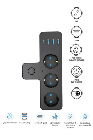 Akım Korumalı 3'lü Soket Termal Akım Korumalı Çocuk Korumalı Isıya Dayanaklı 3 xUSB 1xTYPE-C 20W