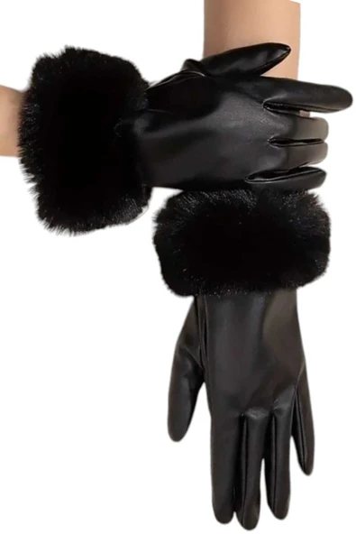 Kadın Vegan Deri Su ve Rüzgar Geçirmez Soğuğa Dayanıklı Termal Eldiven - 7