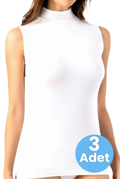 Kadın Sıfır Kollu Boğazlı Pamuklu Atlet 3'lü Set - 3