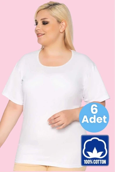 Kadın % 100 Pamuklu  Büyük Beden Dantelli Kısa Kollu Atlet Fanila 6 Adet - 4