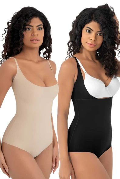 Kadın Lazer Kesim İz Yapmaz Göğüs Destekli Askılı Toparlayıcı Body Slip Korse 2'li Set