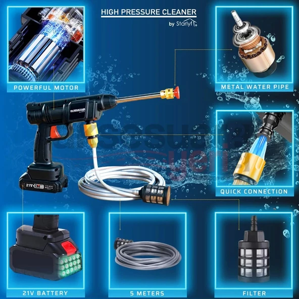 Basınçlı Şarjlı Araba/Motor/Bisiklet Yıkama-Bahçe Sulama/İlaçlama Her Türlü Yüzeyi Yıkama Tabancası - 5