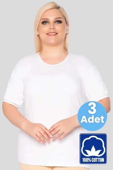 Kadın % 100 Pamuklu  Büyük Beden Dantelli Kısa Kollu Atlet Fanila 3 Adet