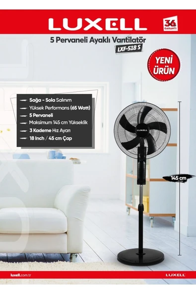 Luxell Lxf-518 S 5 Pervaneli 65 Watt Ayaklı Vantilatör New Series - 6