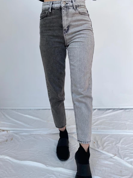 Kadın Kontrast Mom Jean Kot Pantolon Gri - 6