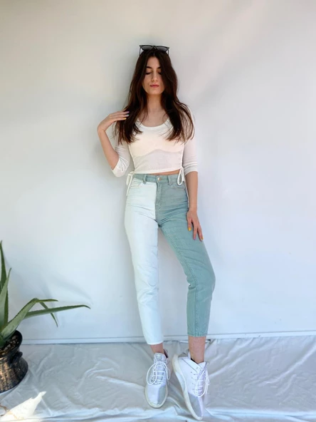 Kadın Kontrast Mom Jean Kot Pantolon Mint Beyaz - 2